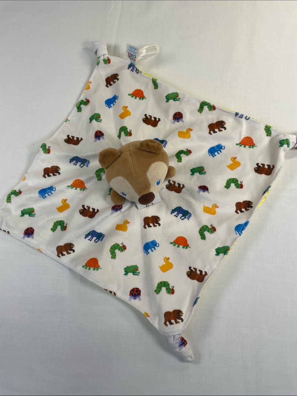 Eric carle Lovey Bear Security Blanket - White with Animal Print. Yellow silky